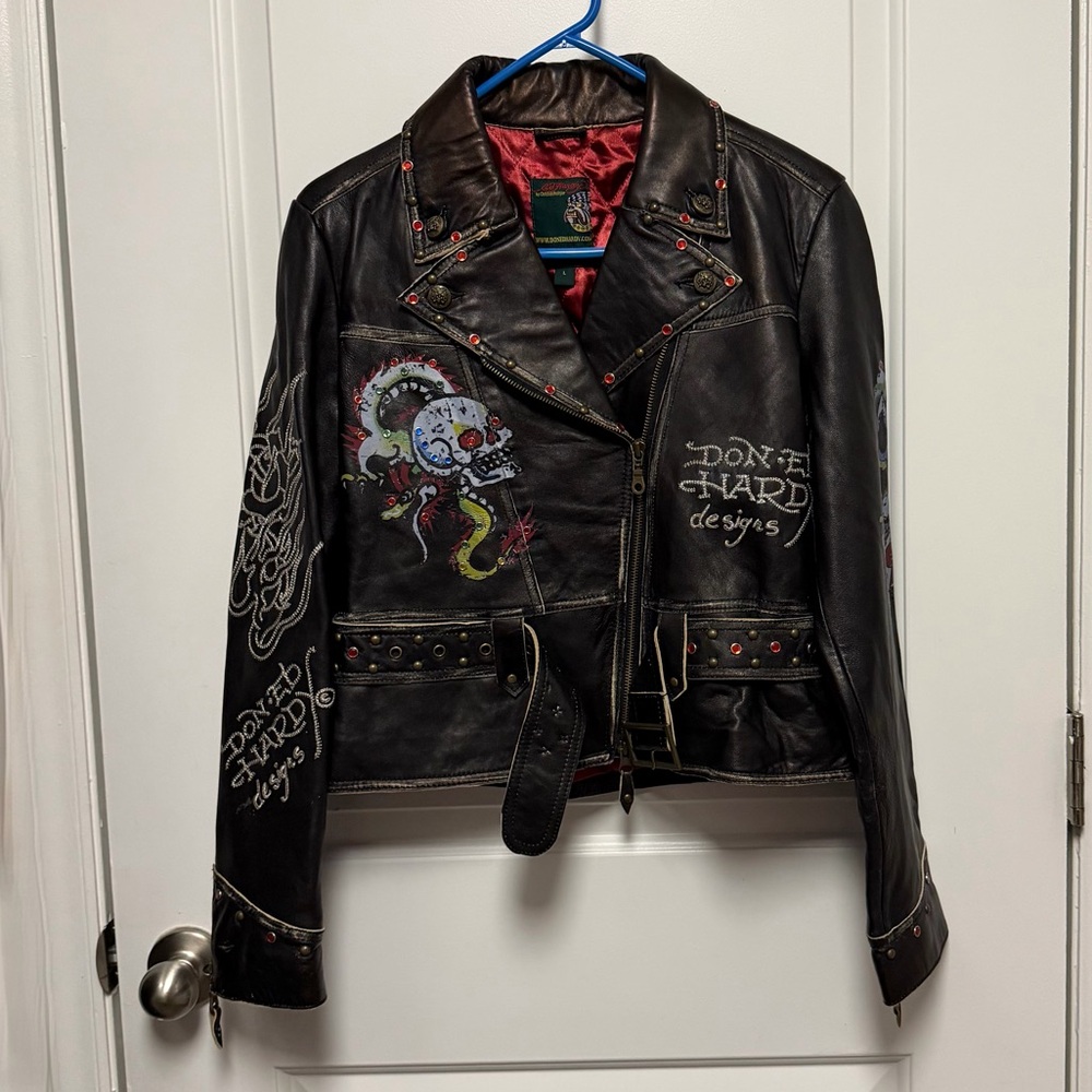 Ed Hardy Black Leather VINTAGE Embroidered Studded Biker Jacket